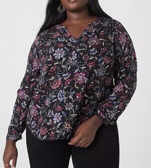 Lane Bryant Classic Long Sleeve Split Neck Yoke Popover Blouse Metallic Floral